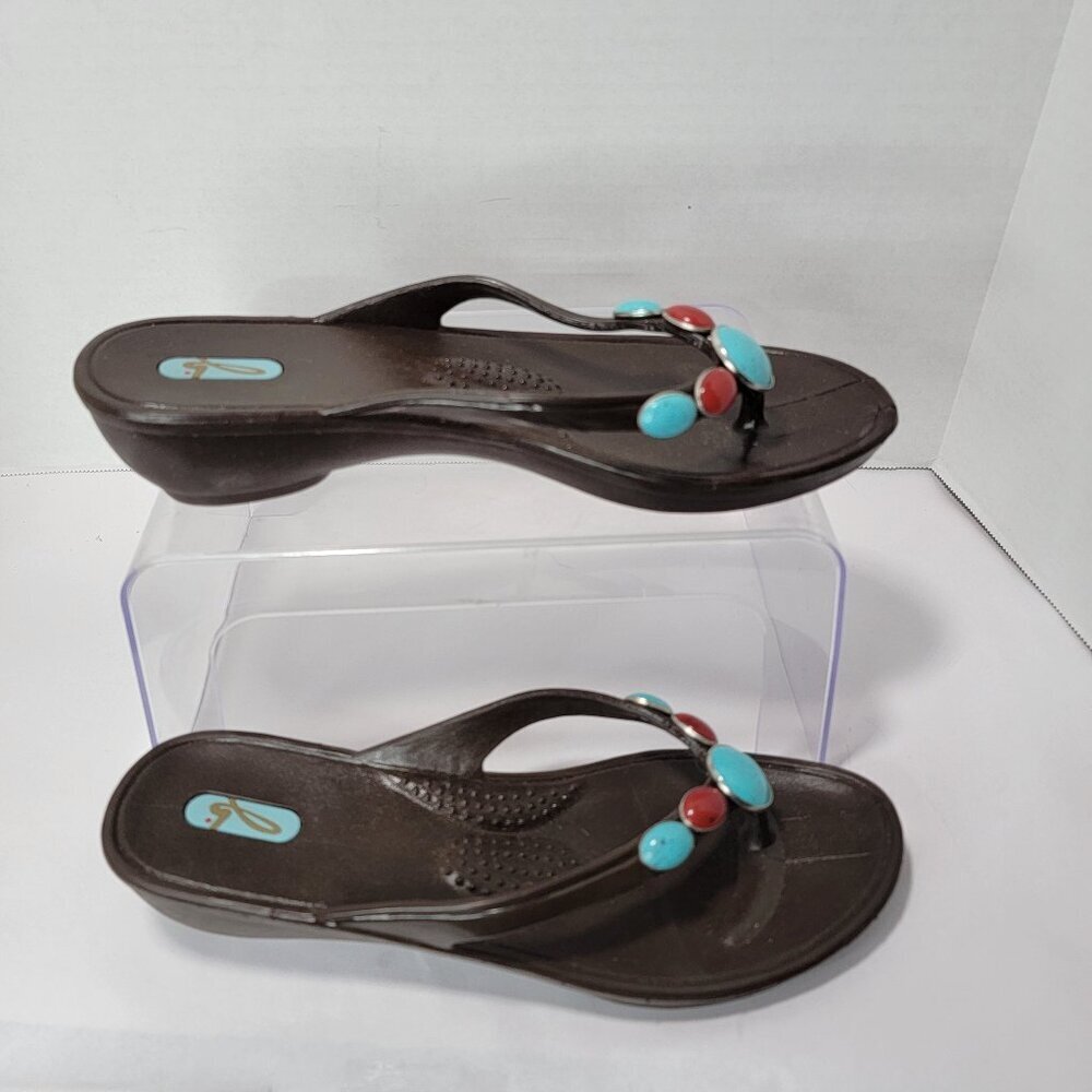 OKAL Womens Sandals Flip Flop Thong Sz M/L Brown Turquoise Red Beach Boho Artsy
